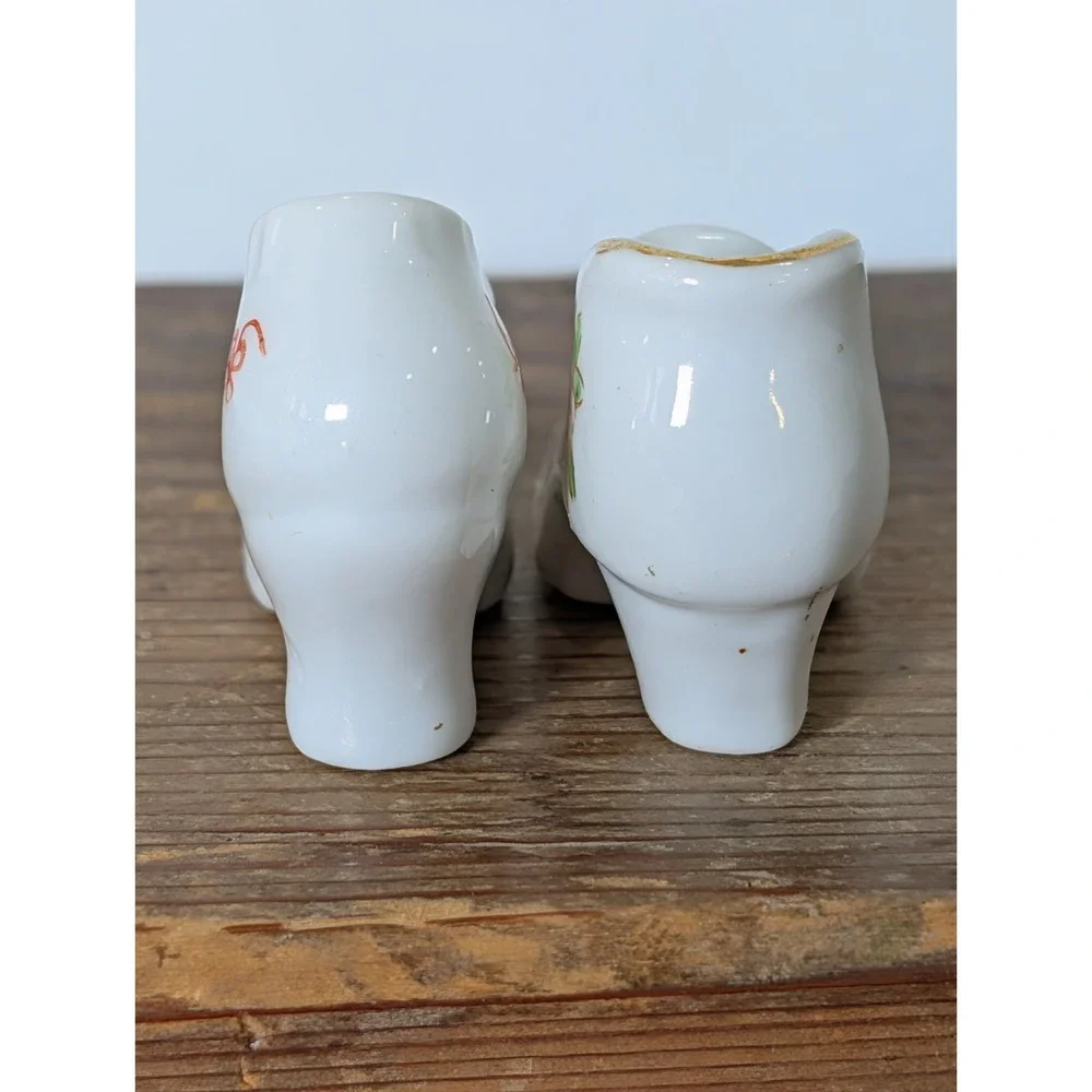 Vintage Occupied Japan Porcelain Shoe Vases Pair Hand Painted Floral Gold Trim